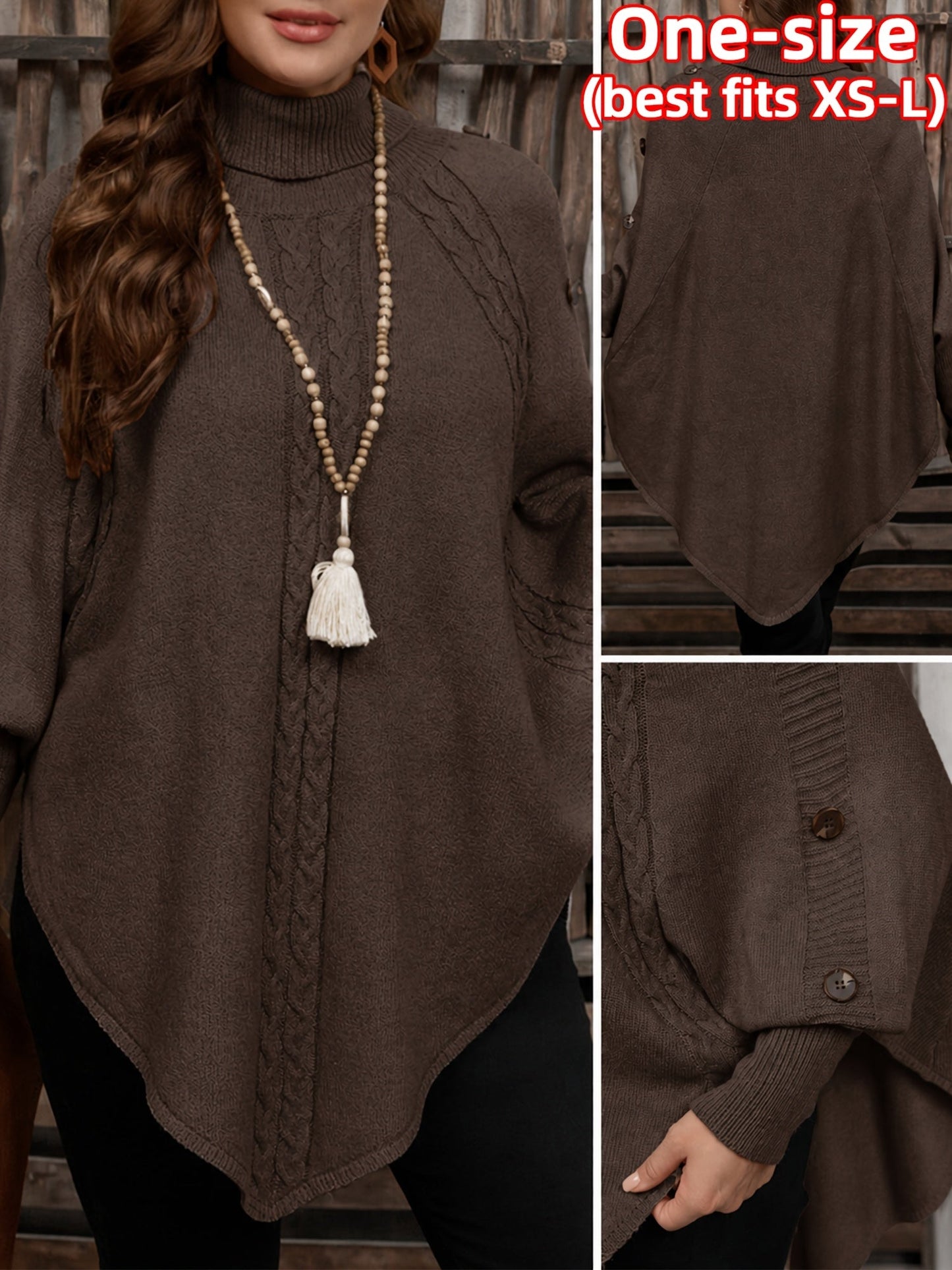 Damen Strick-Poncho mit Rollkragen, Zopfmuster und Knopfdetails