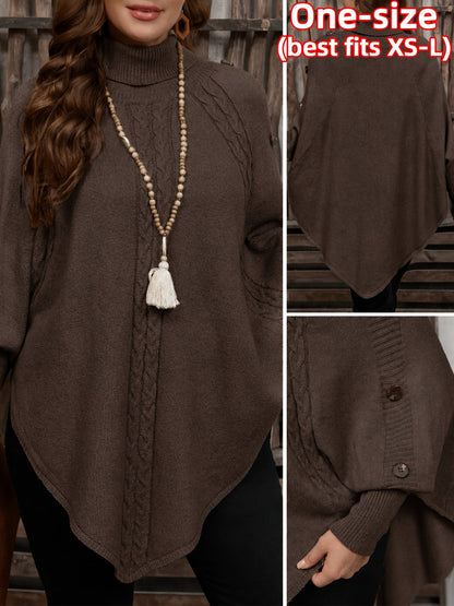 Damen Strick-Poncho mit Rollkragen, Zopfmuster und Knopfdetails