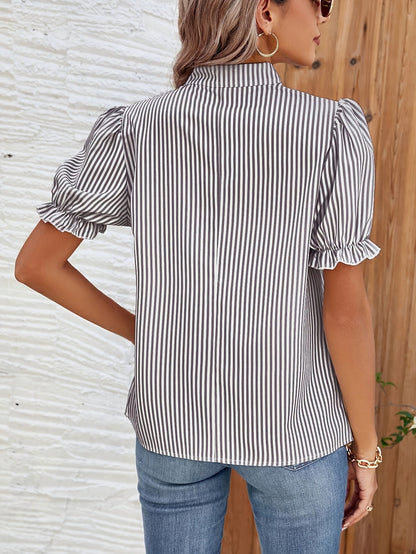 Women's blouse with stand-up collar and puff sleeves – Striped casual shirt for spring and summer
