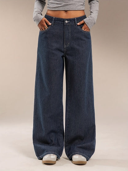Women's wide-leg striped dark blue jeans