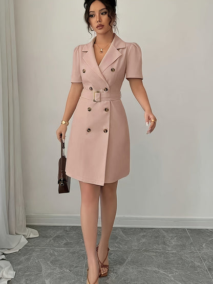 Women's Elegant Blazer Dress with Belt and Short Sleeves – Business & Occasion Wear