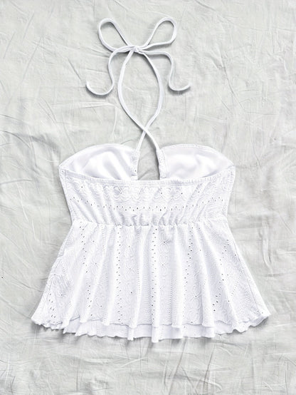Women's Vintage Halter Babydoll Top with Embroidery – Summer Casual Top