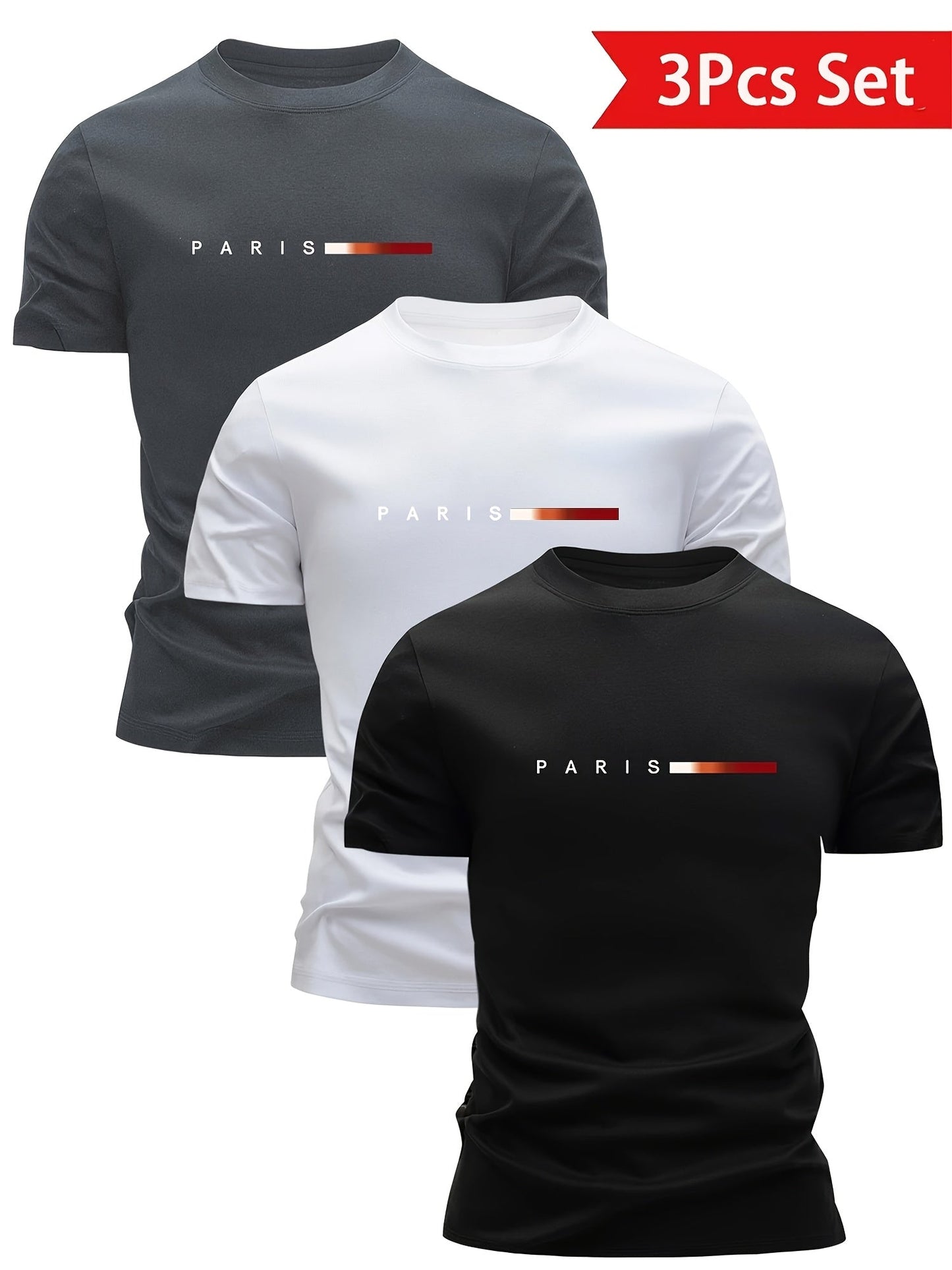 Men's T-Shirt Set 3-Pack – Modern Paris Print, Sporty Style, Perfect for Everyday & Leisure