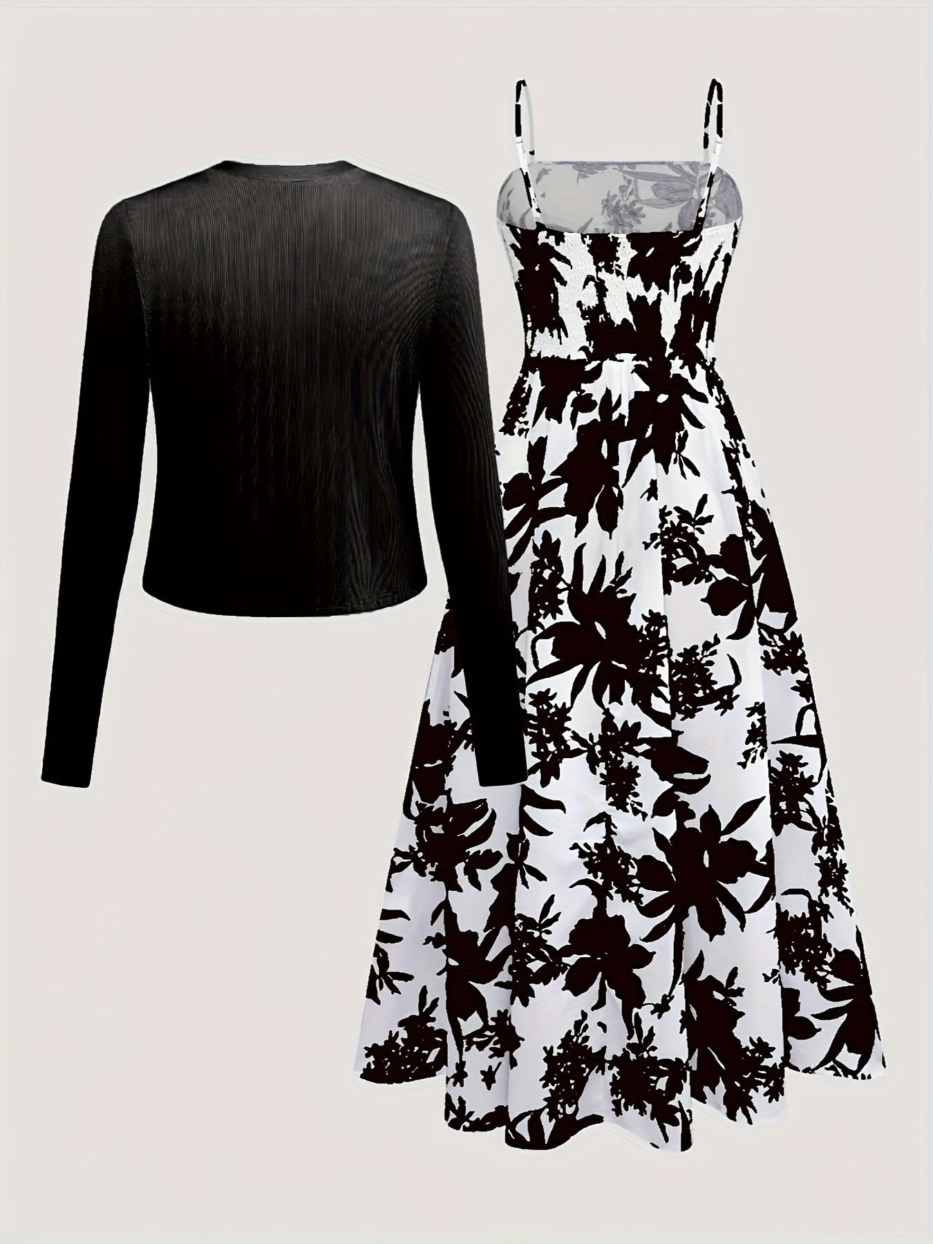 Women's Midi Dress with Floral Pattern and Cardigan Set – Elegant Casual Look for Spring and Summer