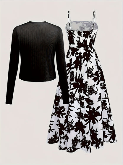 Women's Midi Dress with Floral Pattern and Cardigan Set – Elegant Casual Look for Spring and Summer