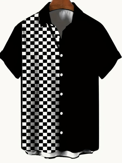 Men's Short-Sleeve Casual Shirt with Checkerboard Pattern Street Style Modern