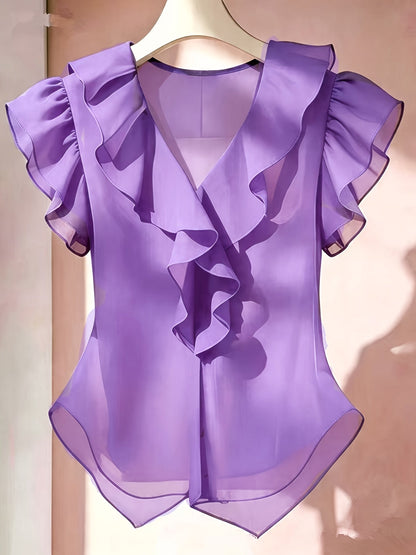 Women's blouse with ruffles and V-neck – Elegant frilled blouse for office and leisure