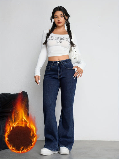 Damen Schlaghose Jeans Dunkelblau High Waist