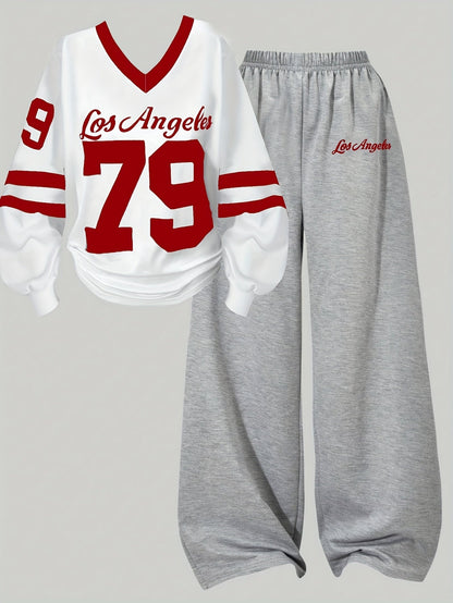 Two-piece women’s sports set: long-sleeve V-neck shirt and wide-leg pants, gray and white
