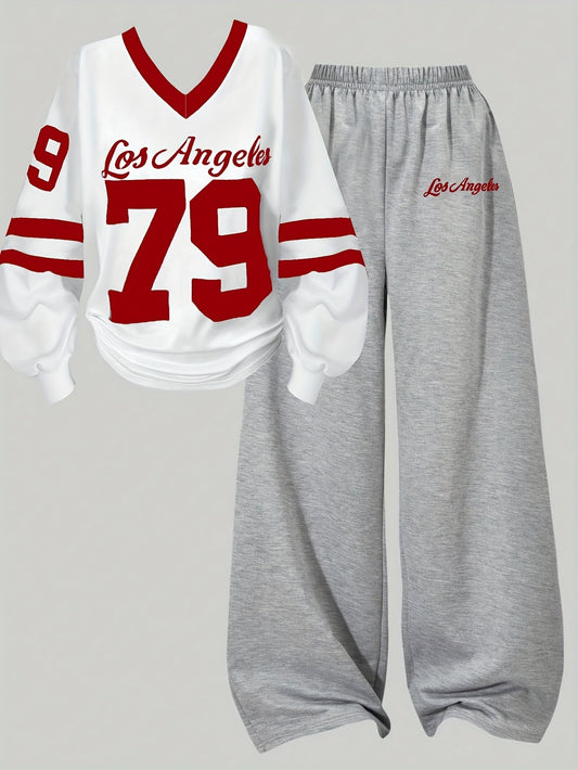 Two-piece women’s sports set: long-sleeve V-neck shirt and wide-leg pants, gray and white