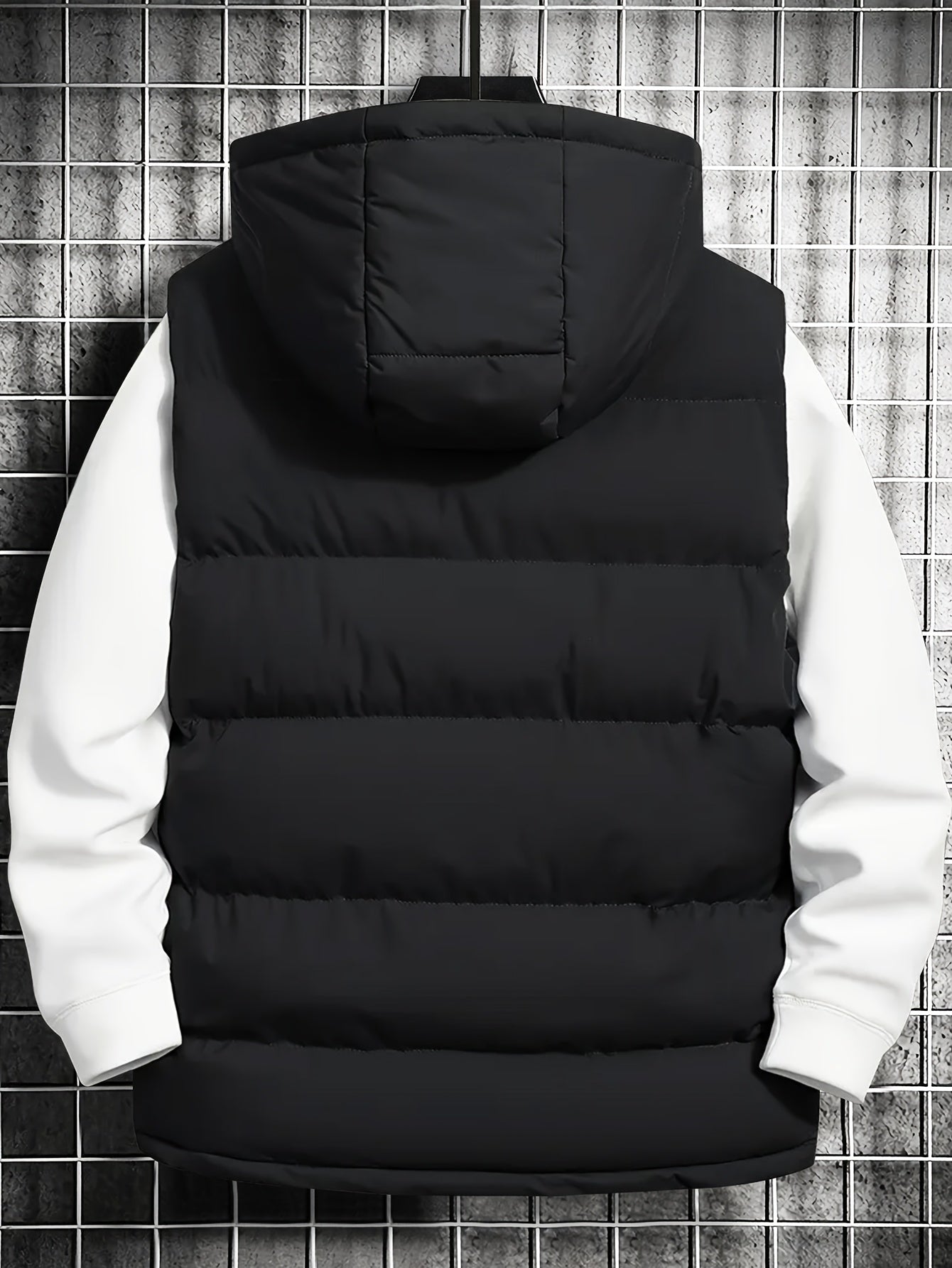 Men's quilted vest with hood, zipper & pockets, padded, black