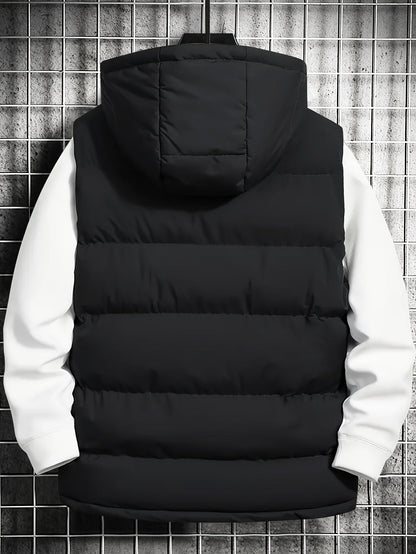 Men's quilted vest with hood, zipper & pockets, padded, black
