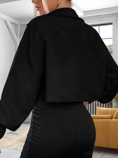 Short women's corduroy jacket with a collar and chest pockets
