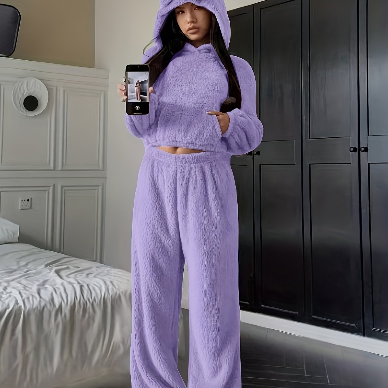 Damen Kuscheliger Loungewear Schlafanzug mit Kapuze und Ohren Plüsch Zweiteiler