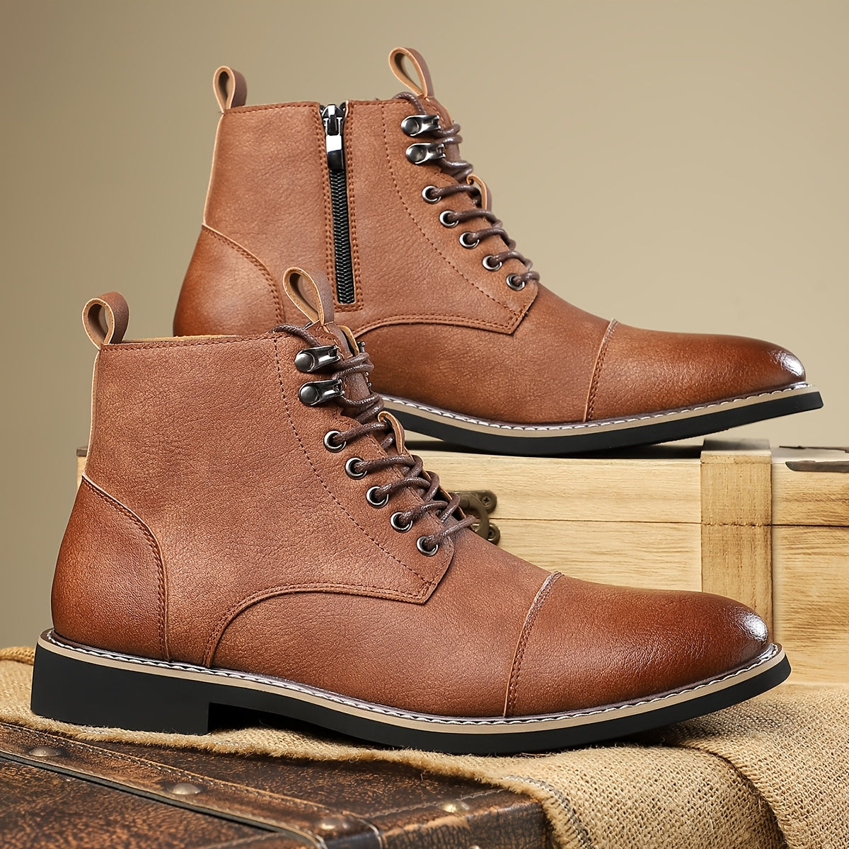 Herren Stiefel Schnürschuhe mit Reißverschluss und Zehenkappe