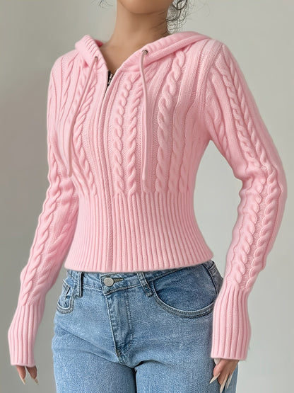 Damen Strickpullover Hoodie Crop Top Zopfmuster Reißverschluss