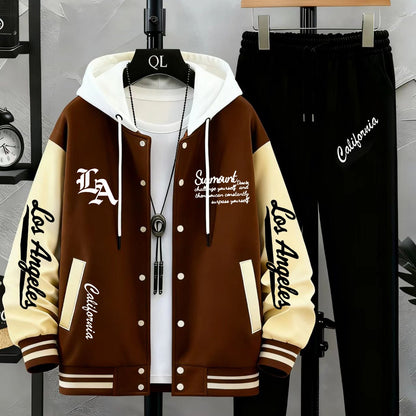 Unisex tracksuit set with baseball jacket and jogging pants, college-style streetwear