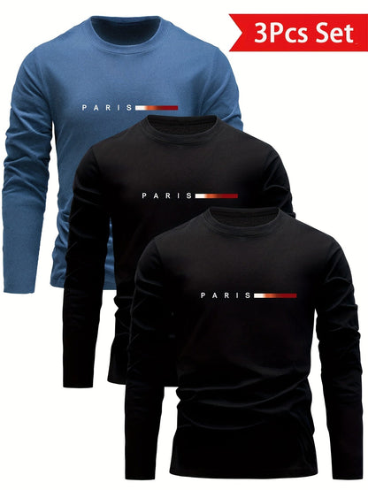Men's long-sleeve T-shirt 3-piece set "Paris" crew neck