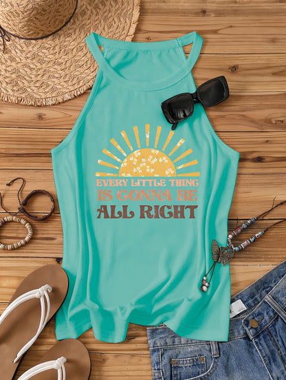 Women's Casual Summer Tank Top – Sun Motif & Quote "Every Little Thing Is Gonna Be All Right" – Casual Shirt