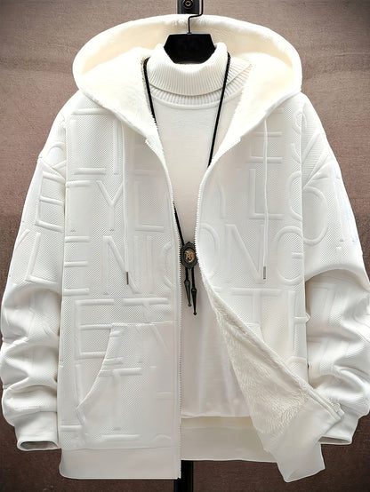 Unisex hooded jacket with fleece lining and raised lettering, zipper, kangaroo pockets, in black