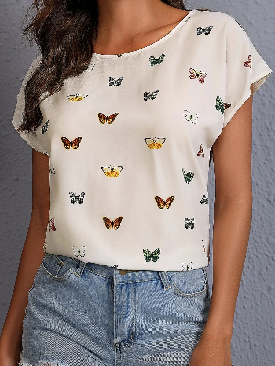 Damen Sommer T-Shirt mit Schmetterlingsmuster – Modisches Freizeit-Top, lässiger Stil