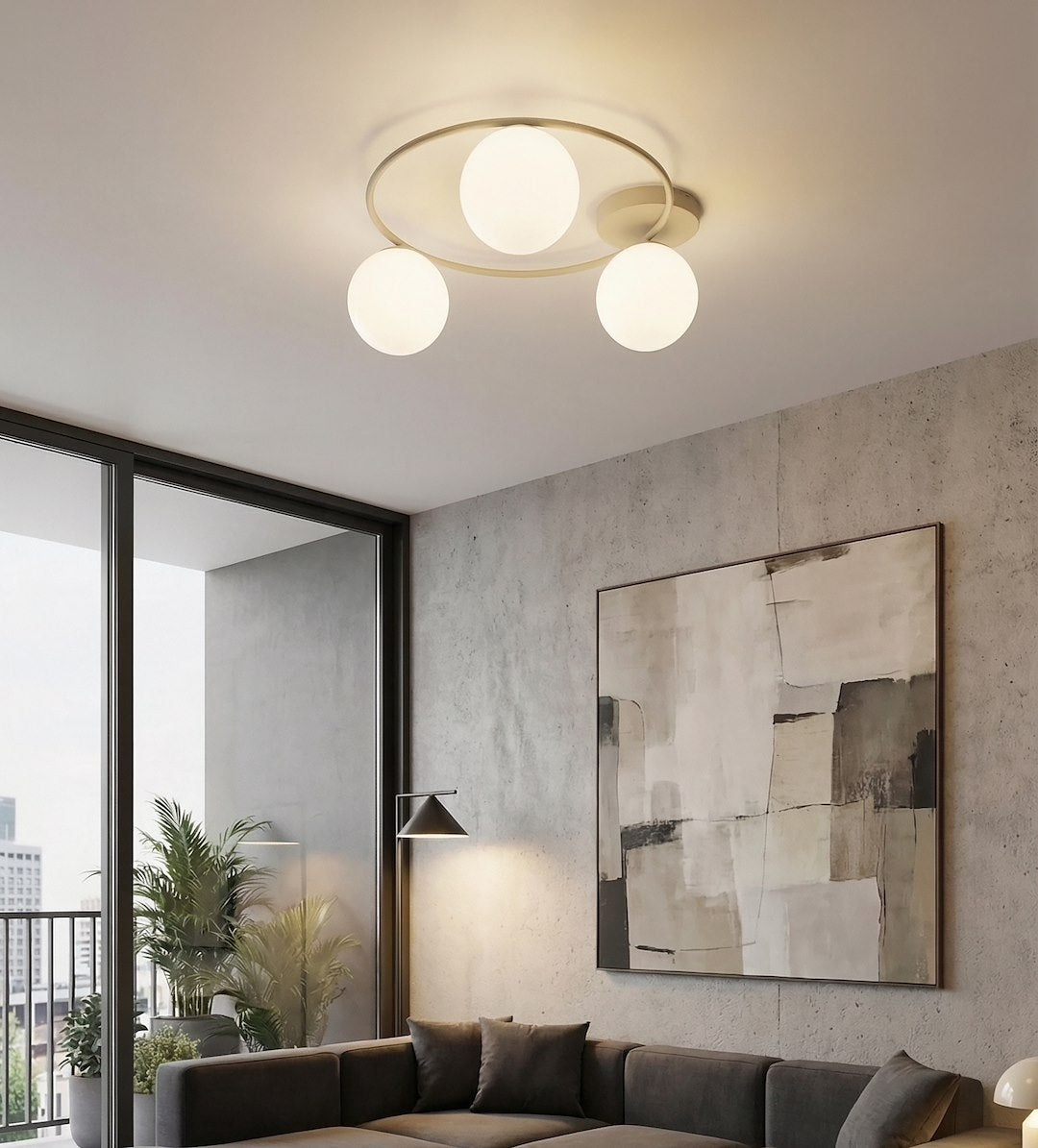Plafondlamp gepoedercoat staal en glas Sopra, beige, Ø 47 cm, 3 fittingen E14 voor woonkamer, slaapkamer en hal
