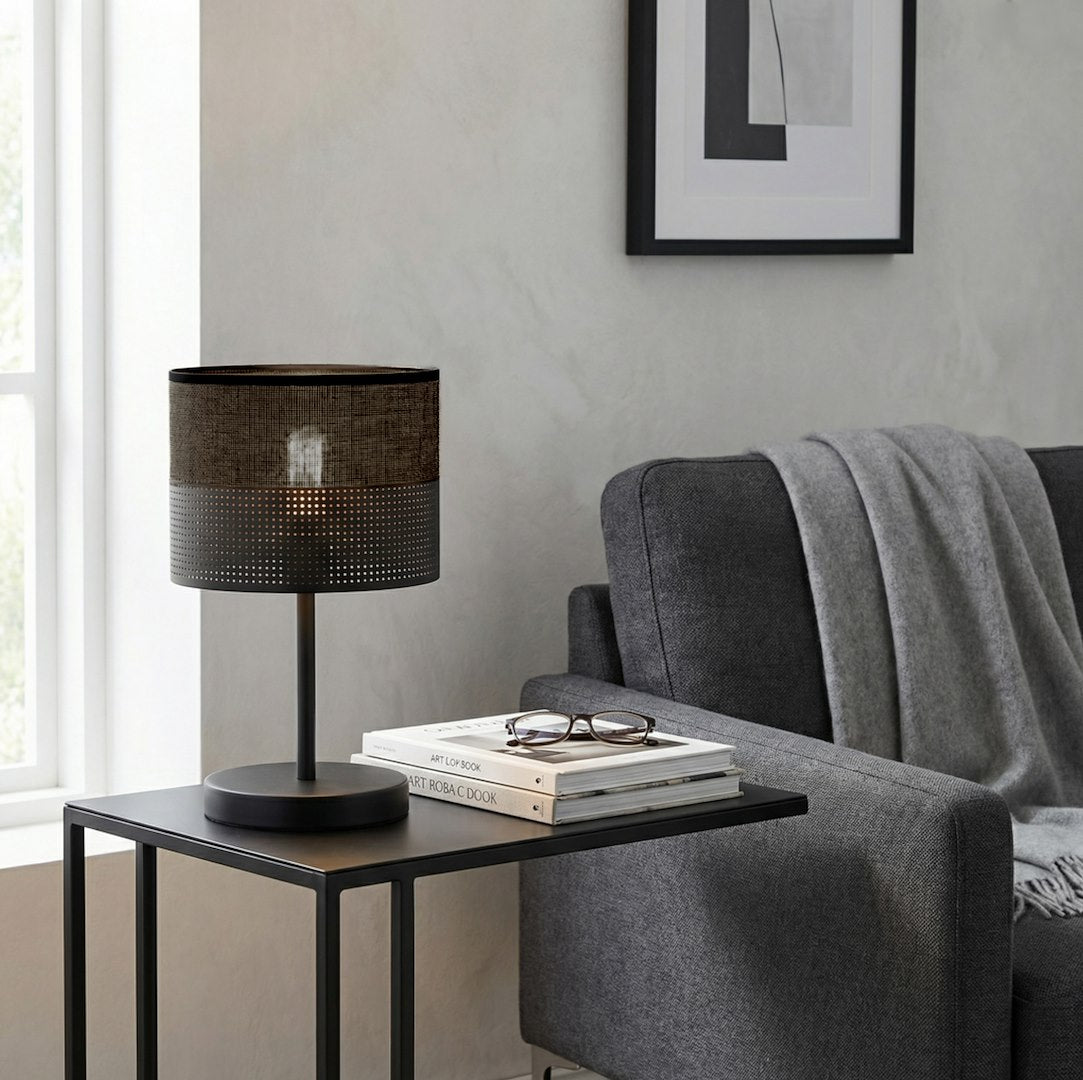Tafellamp gepoedercoat staal minimalistisch Karbon zwart, stoffen kap Ø 20 cm, E27 – bureau en nachtkastje