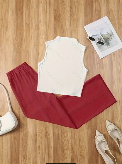 Women's Elegant Set – Sleeveless Top with Stand Collar and Pants, Perfect for Spring & Summer