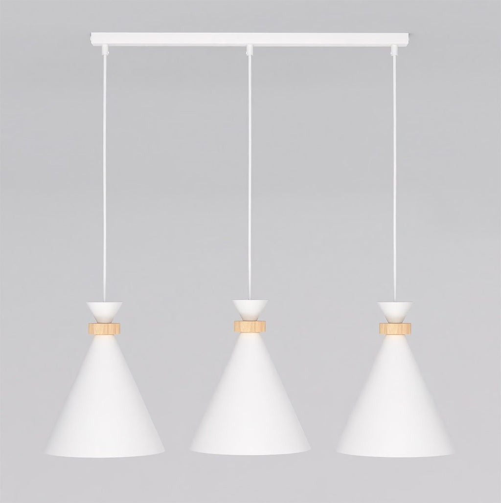 Hanglamp gepoedercoat staal en hout Scandinavisch wit met 3 fittingen E27, 78 cm breed, hoogte verstelbaar