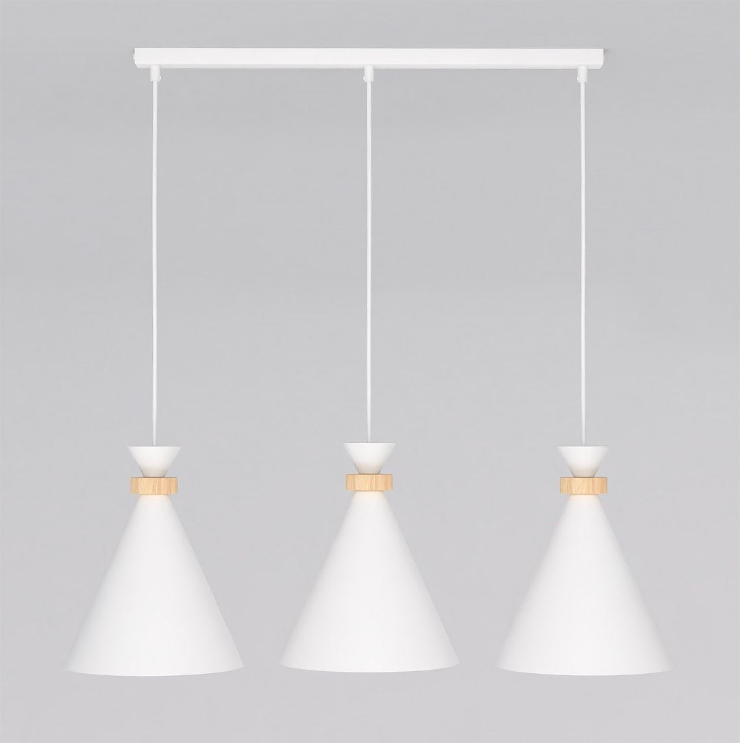 Hanglamp gepoedercoat staal en hout Scandinavisch wit met 3 fittingen E27, 78 cm breed, hoogte verstelbaar