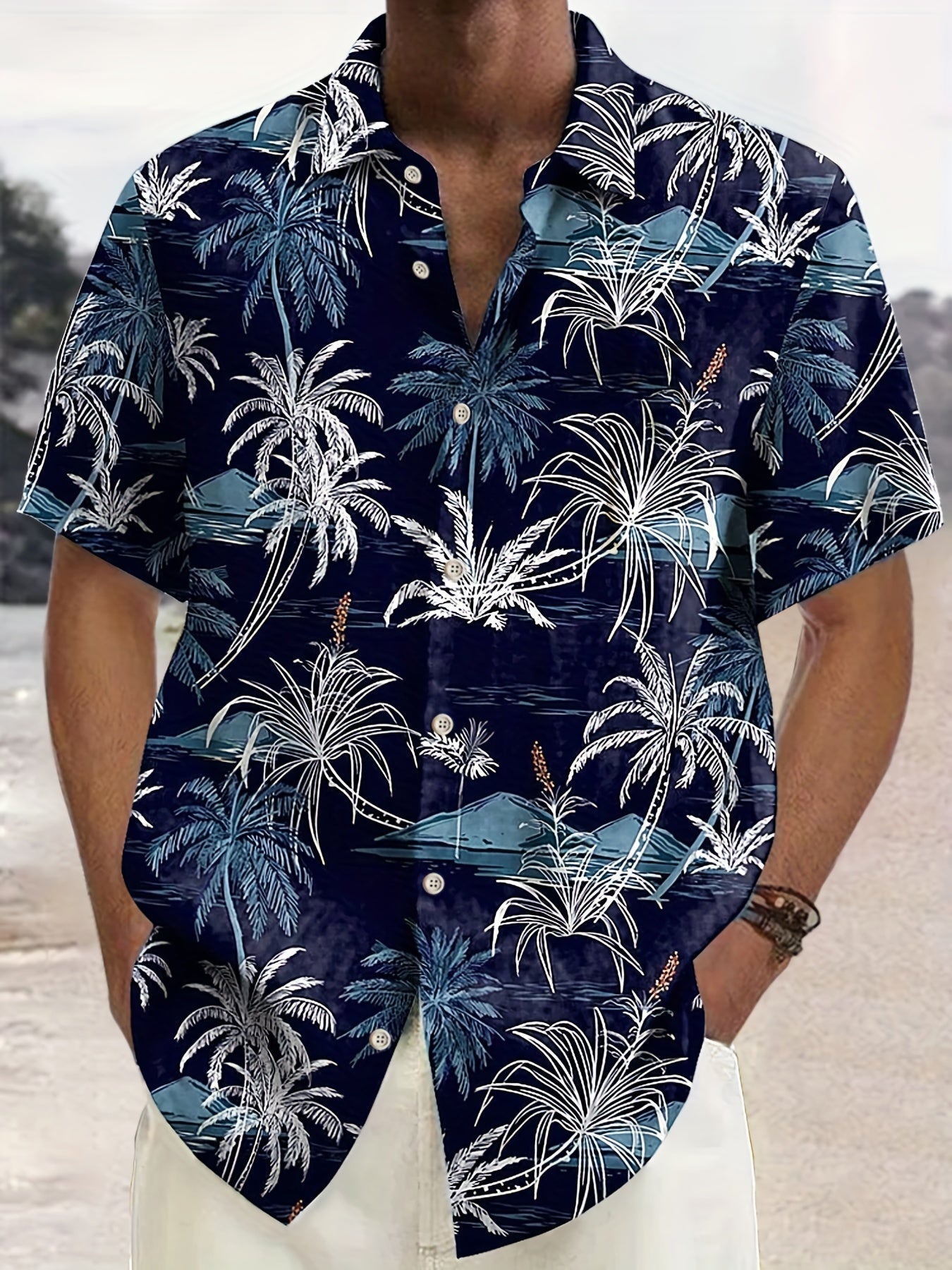Men's Casual Shirt with Tropical Palm Pattern – Short Sleeve, Summer, Beach, Button-Down