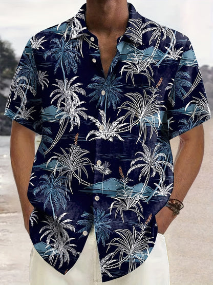 Men's Casual Shirt with Tropical Palm Pattern – Short Sleeve, Summer, Beach, Button-Down