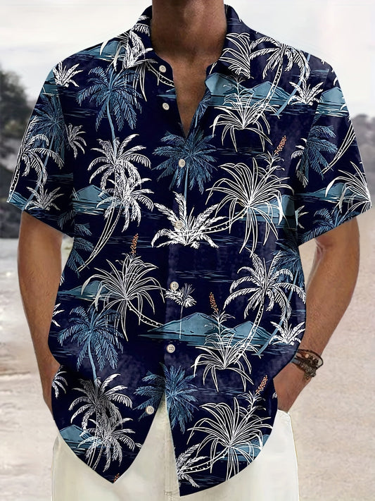 Herren Freizeithemd mit tropischem Palmenmuster – Kurzarm, Sommer, Strand, Button-Down
