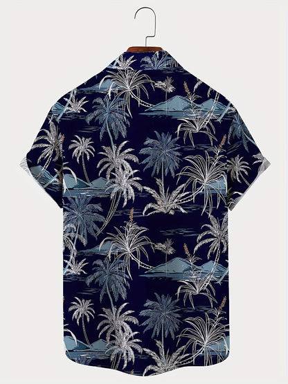 Men's Casual Shirt with Tropical Palm Pattern – Short Sleeve, Summer, Beach, Button-Down