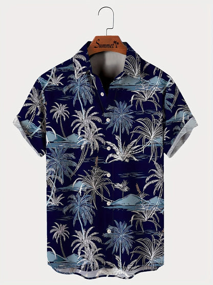 Men's Casual Shirt with Tropical Palm Pattern – Short Sleeve, Summer, Beach, Button-Down