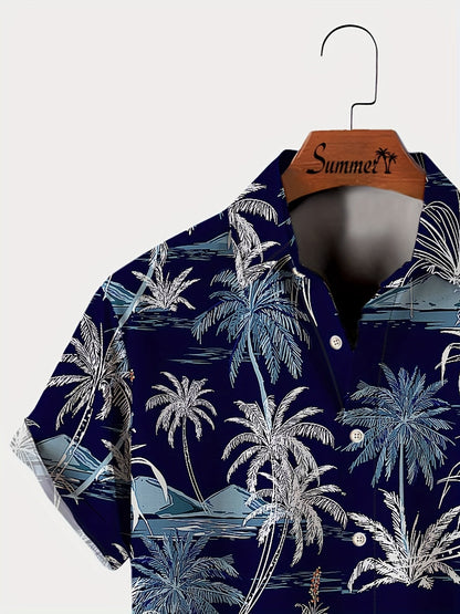Men's Casual Shirt with Tropical Palm Pattern – Short Sleeve, Summer, Beach, Button-Down
