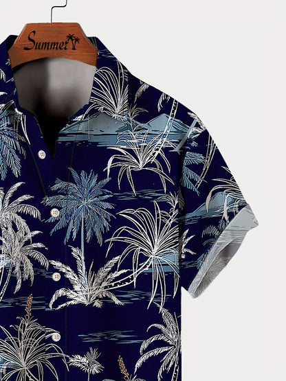 Men's Casual Shirt with Tropical Palm Pattern – Short Sleeve, Summer, Beach, Button-Down