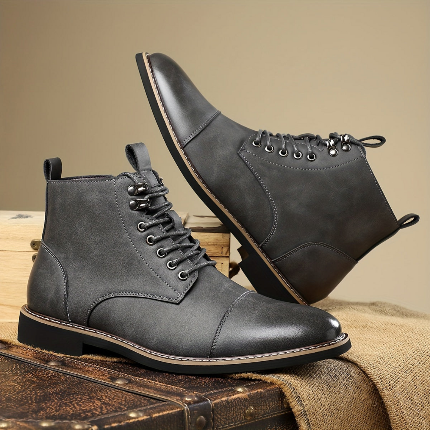 Men's brown lace-up ankle boots with cap toe and durable sole