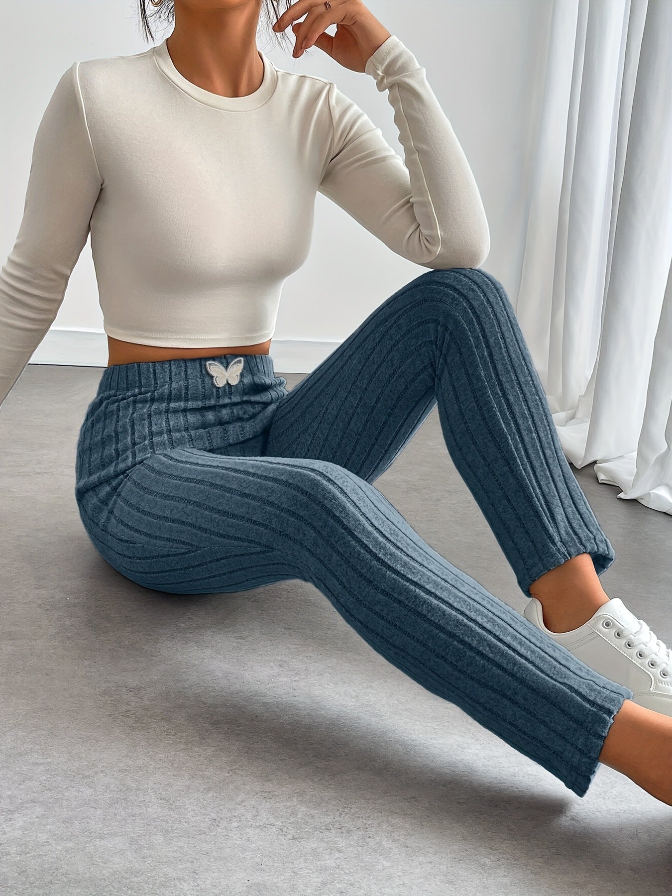 Ribbed leggings for women, high-waisted, slim fit, butterfly detail