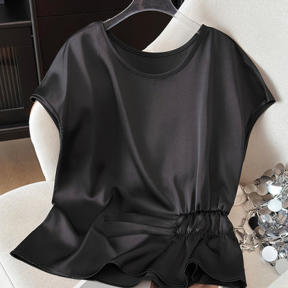 Women's blouse with ruching and round neckline – Elegant office and going-out style