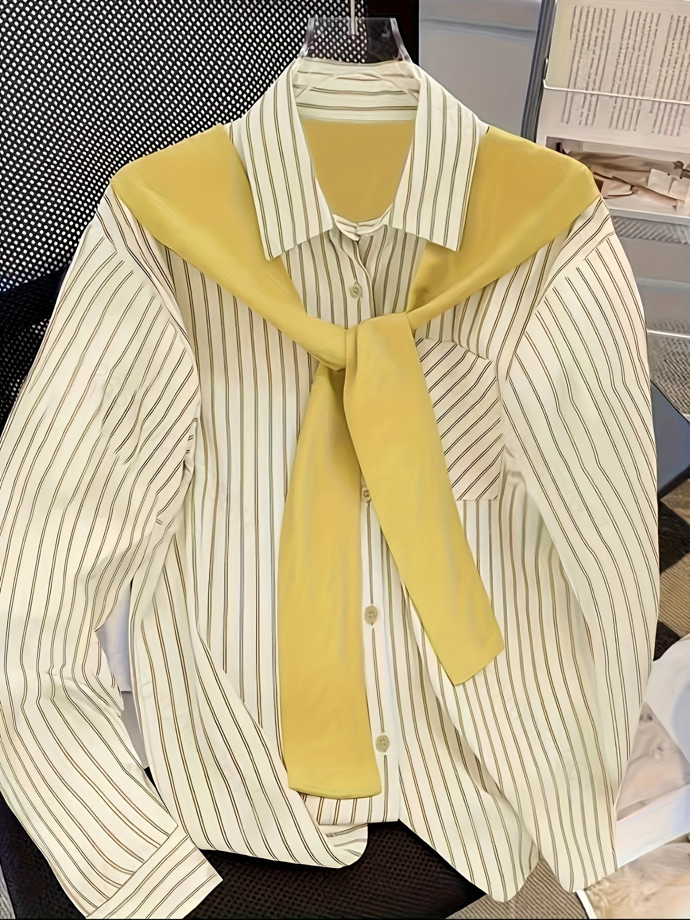 Women's striped blouse with tie detail, long-sleeve shirt blouse with chest pocket