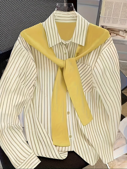 Women's striped blouse with tie detail, long-sleeve shirt blouse with chest pocket