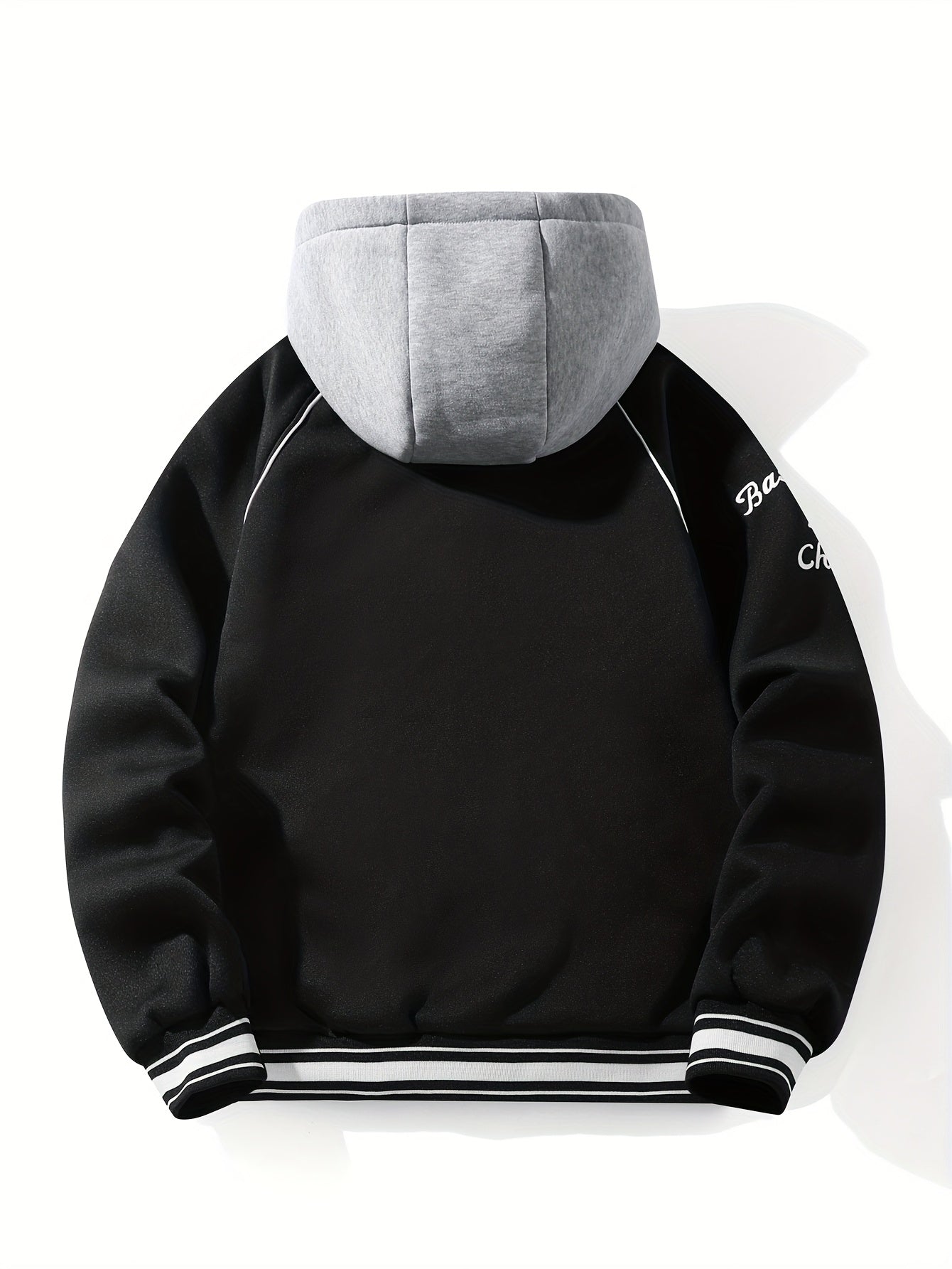 Men’s baseball jacket with hood, snap buttons, embroidery, and ribbed cuffs