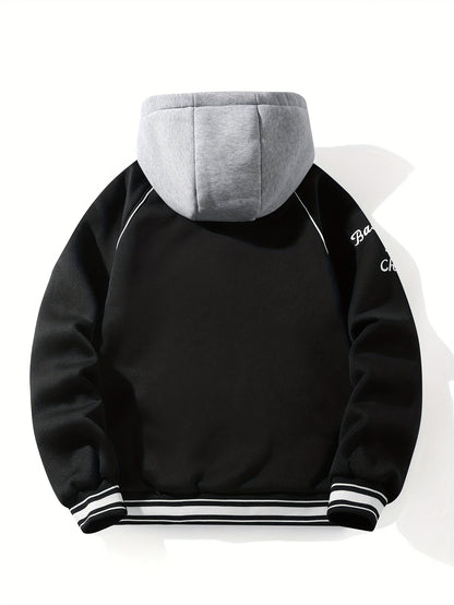 Men’s baseball jacket with hood, snap buttons, embroidery, and ribbed cuffs