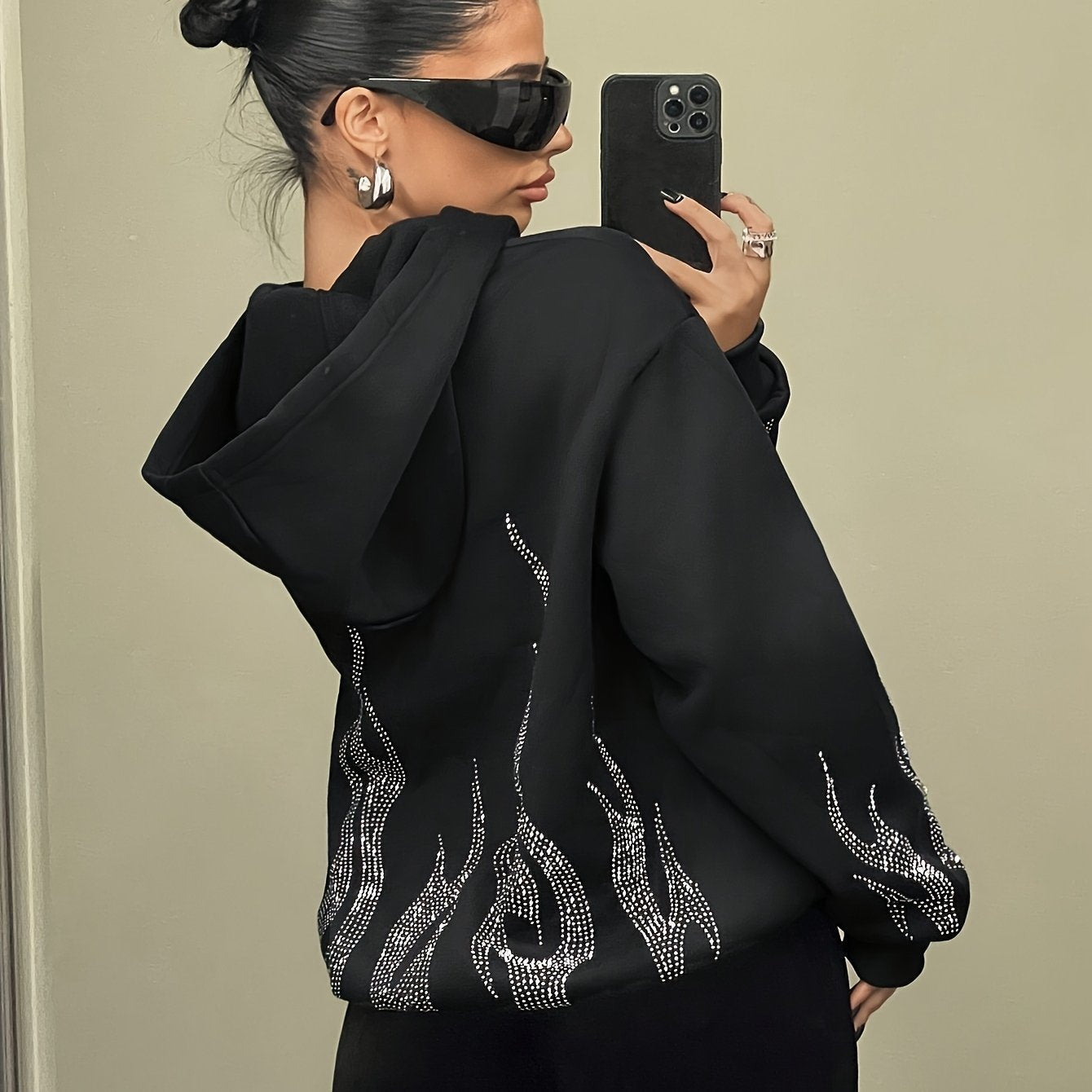 Women's hoodie with rhinestone flame pattern and hood, relaxed fit