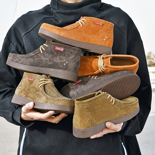 Men’s moccasin ankle boots with laces and a treaded sole in a suede look