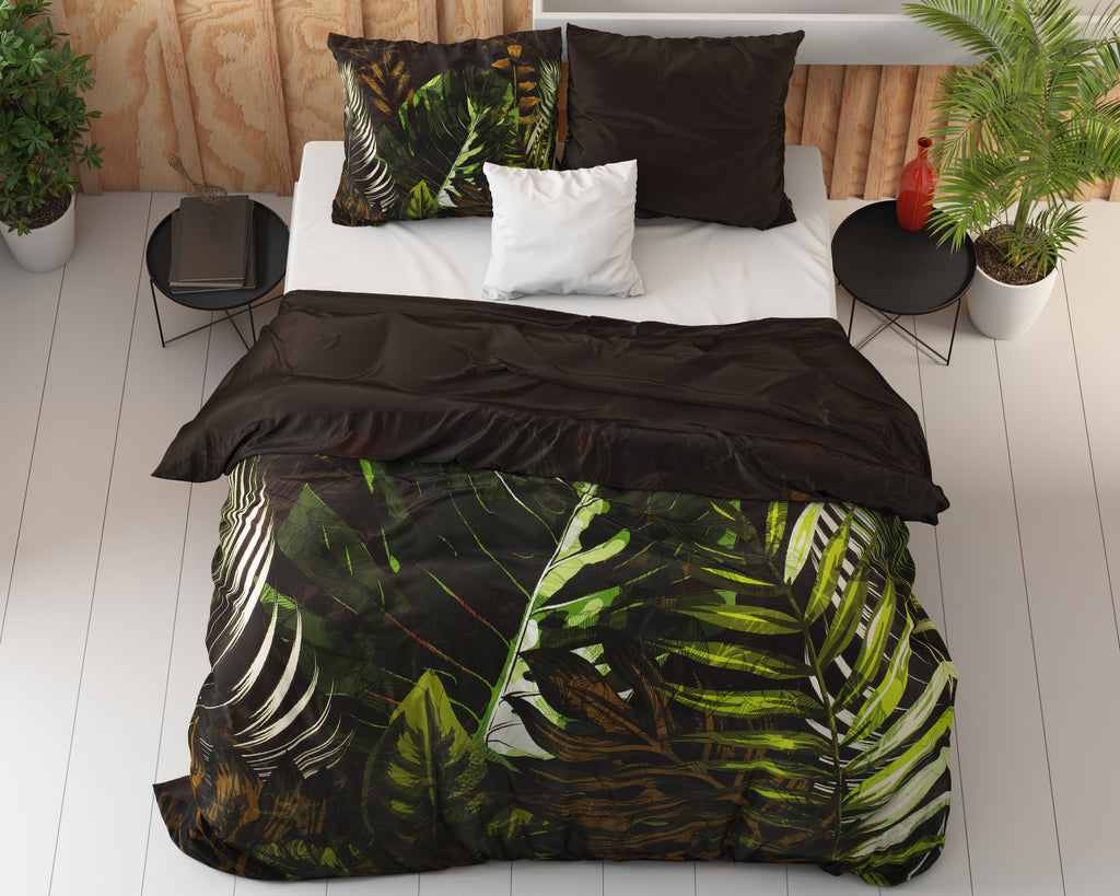 Dekbedovertrek katoensatijn Jungle Art 2 taupe met bladprint 240 x 220 cm, met 2 kussenslopen 60 x 70 cm