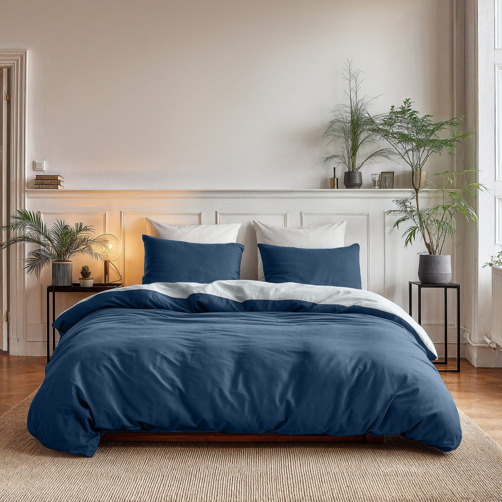 Dekbedovertrek micropercal omkeerbaar marineblauw/wit 140 x 220 cm, met kussensloop 60 x 70 cm