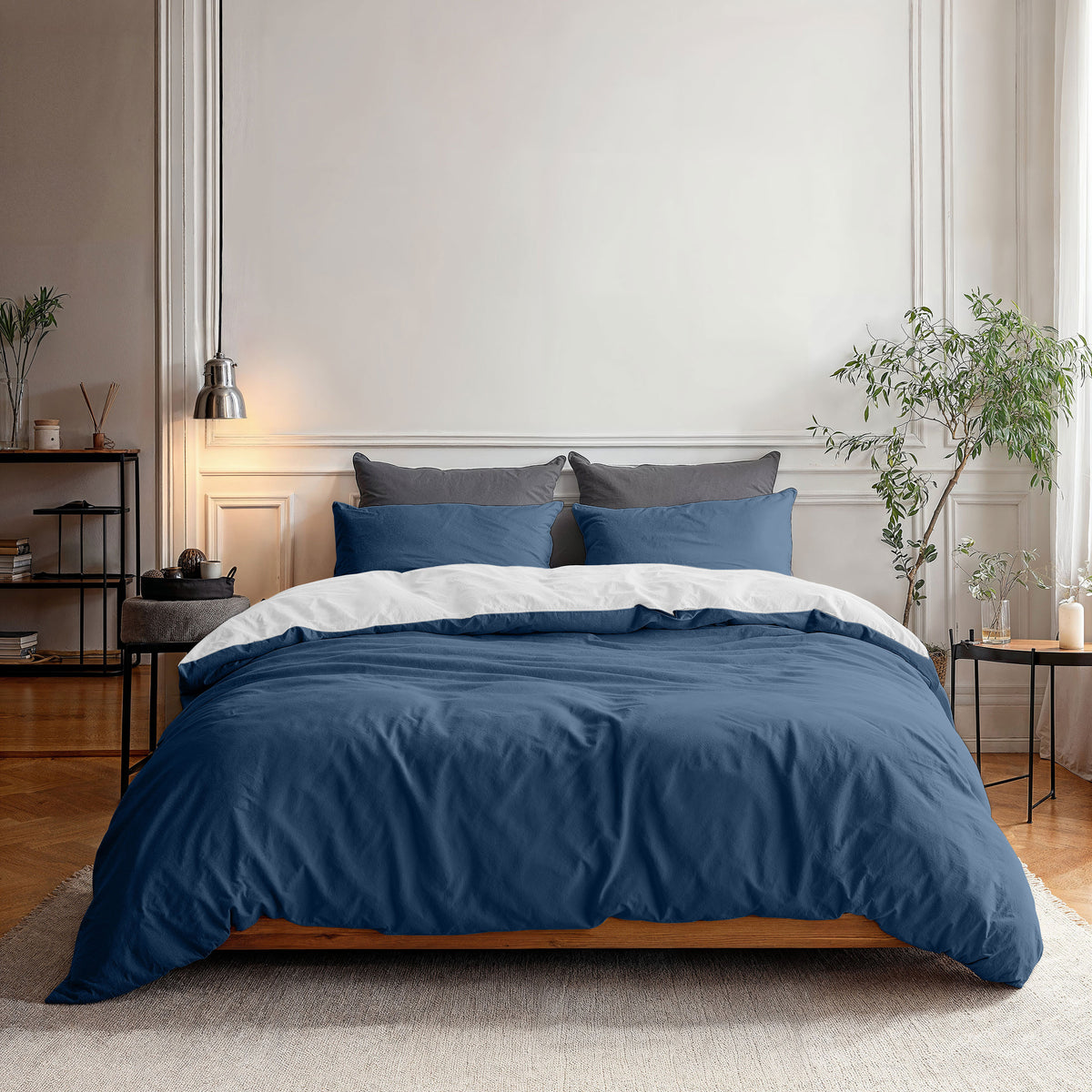 Dekbedovertrek micropercal omkeerbaar marineblauw/wit 140 x 220 cm, met kussensloop 60 x 70 cm