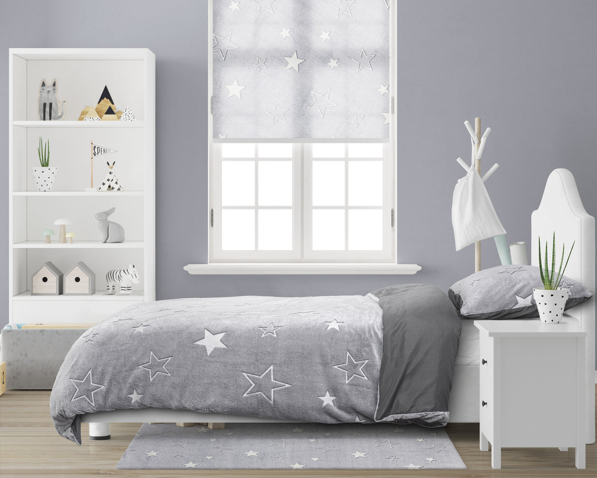 Dekbedovertrek teddy microfleece grijs met glow in the dark sterren 140 x 220 cm, kinderkamer